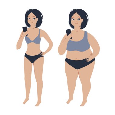 Kilo kaybı öncesi ve sonrası kadın illüstrasyon