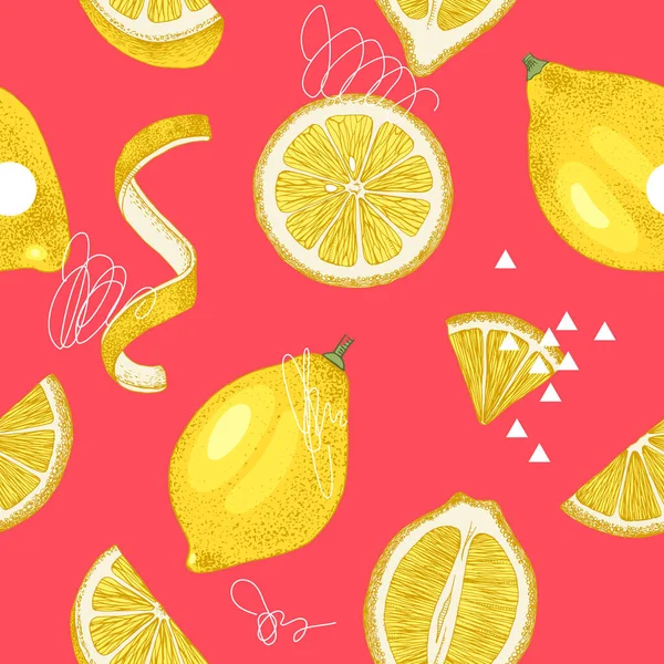 Ljust handritat sömlöst mönster med citroner — Stock vektor