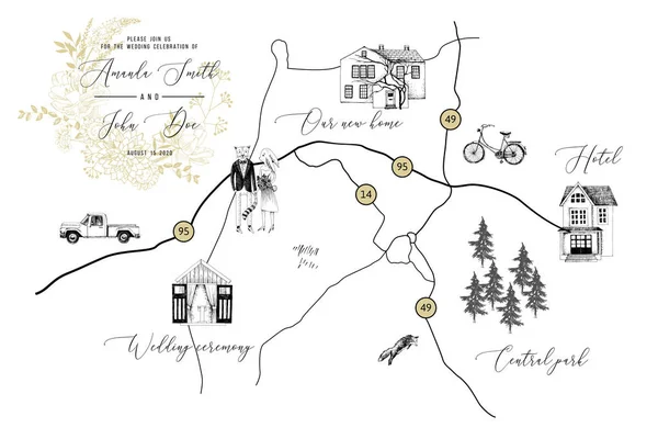 Cartão de casamento com mapa — Vetor de Stock