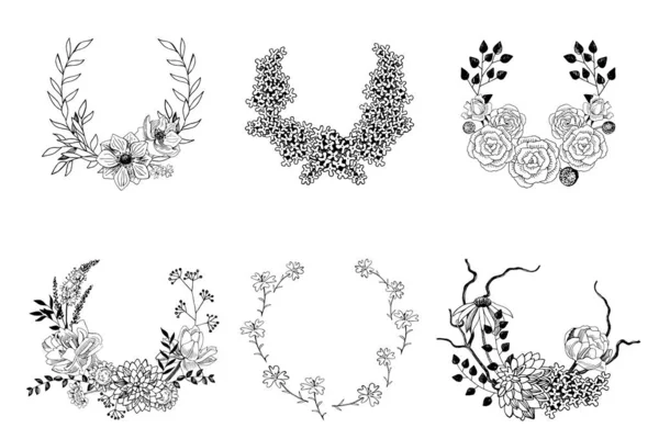 Set von handgezeichneten Blumenkränzen — Stockvektor