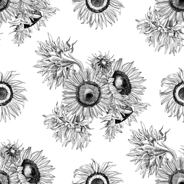 Hand drawn seamless pattern with sunflowers — Stock Vector