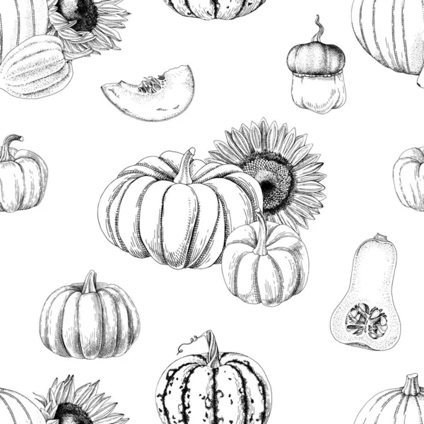 Seamless pattern with pumpkins and sunflowers — Stock Vector