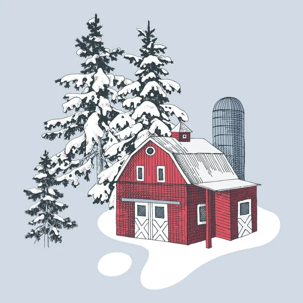 Paysage d'hiver dessiné à la main avec ferme — Image vectorielle