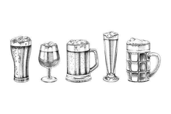 Ensemble de verres à bière dessinés à la main — Image vectorielle