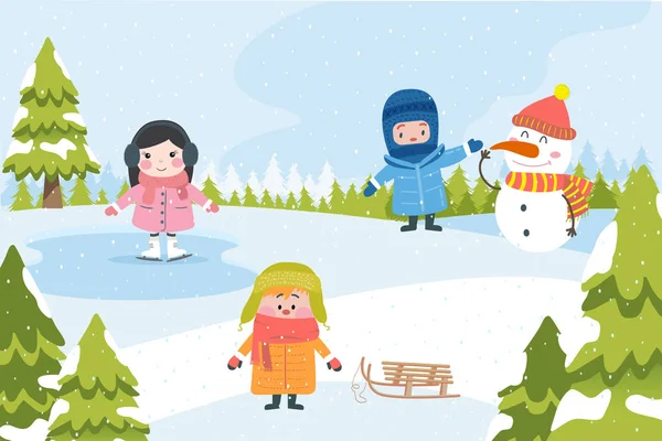 孩子们穿着冬衣 新的一年 — 图库矢量图片
