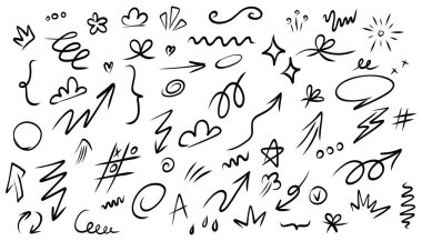 El çizimi karalama elementleri. Vektör çizimi. Siyah ve beyaz vektör çizimi.