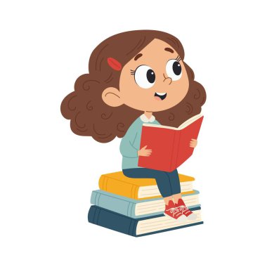 Sevimli küçük kız kitap yığınında oturuyor kitap okuyor, okul çocuğu okuyor ve çizgi film temsilcisi illüstrasyonları okuyor.
