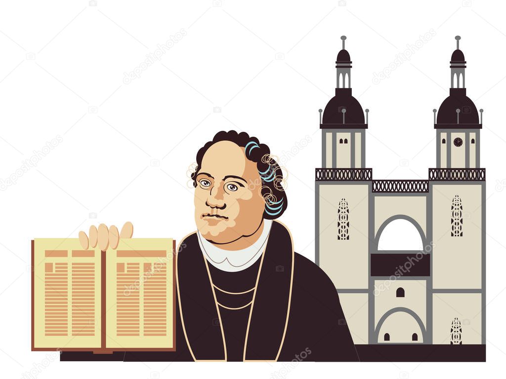 Martin Luther in a historical costume holding an open Bible book in his hand and a building of St. Mary's Church in Wittenberg, Germany. Illustration in style for the day of the Reformation.