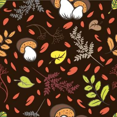 Mantarların, otların ve düşmekte olan sarı yaprakların çiçekli tasarımı koyu kahverengi arka planda akılda kalıcı sonbahar renklerinde. Görüntü tekstil baskıları, kartpostallar, tebrikler, ambalaj kağıtları yapmak için uygun..