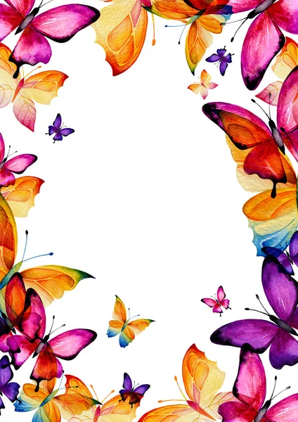 Шаблон Листівки Запрошення Банер Великих Різнокольорових Метеликів Білому Тлі Малюнок — стокове фото