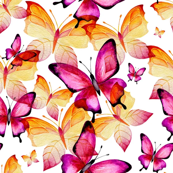 Безшовний Акварельний Фон Різнокольорових Великих Метеликів Білому Тлі Малюнок Акварелі — стокове фото
