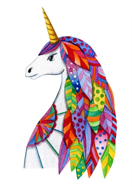 Unicorn with a mane in the form of falling colored leaves, decorated with geometric patterns. On the chest is a shield decorated with floral ornaments. Watercolor drawing. Isolated object on white background.