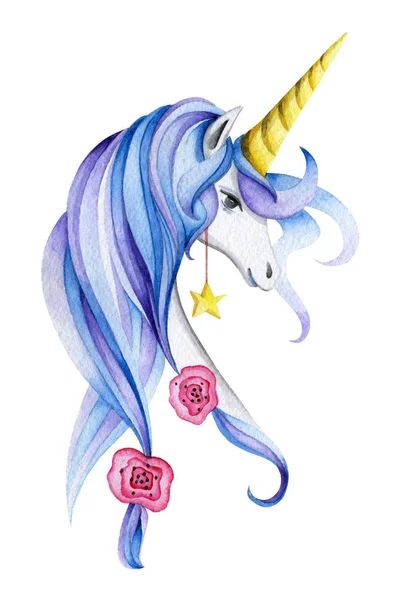 Unicornio Con Melena Azul Ondeando Viento Decorado Con Flores Rosadas —  Fotos de Stock