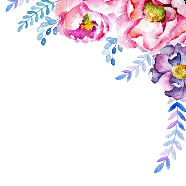 Template for greeting card, invitation or banner with floral pattern. Bouquet in the upper right corner. Square format. Large pink flowers and blue branches with leaves. Watercolor drawing. White back