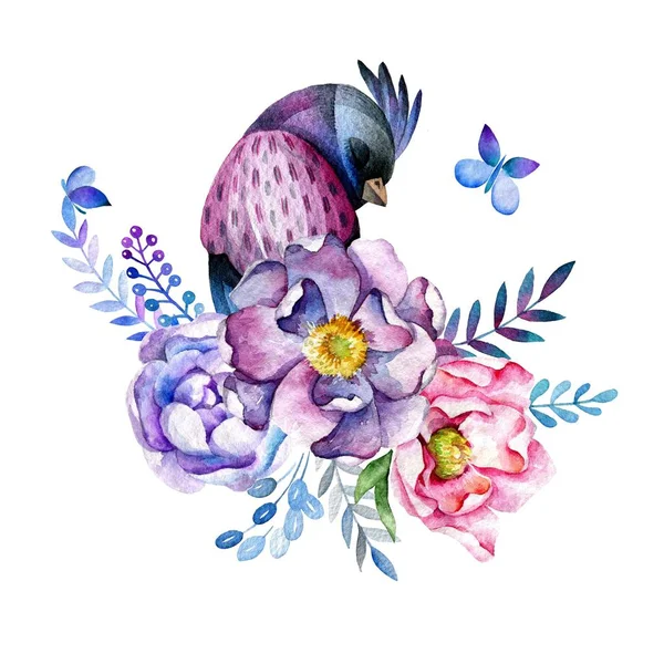 Floristic Composition Small Fabulous Bird Ready Design Watercolor Drawing Natural — Stock Photo, Image