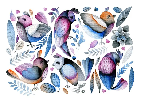 Sada Magické Ptáky Obklopené Rostliny Květiny Listoví Akvarel Kresba Izolovaných — Stock fotografie