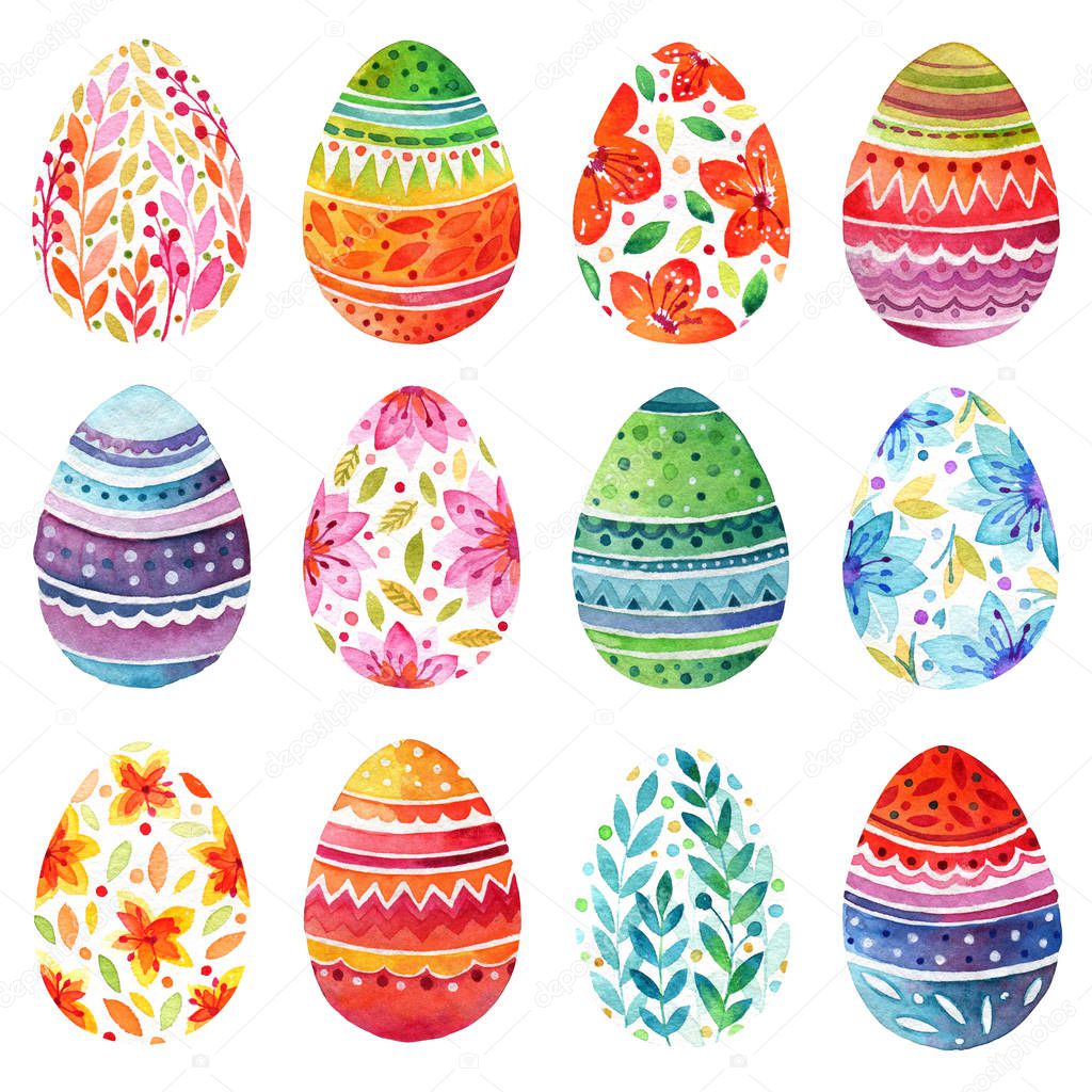 A set of Easter eggs with a growing and geometric ornament. Aquarium drawing. Flora and fauna. Spring mood. Isolated objects on white background.