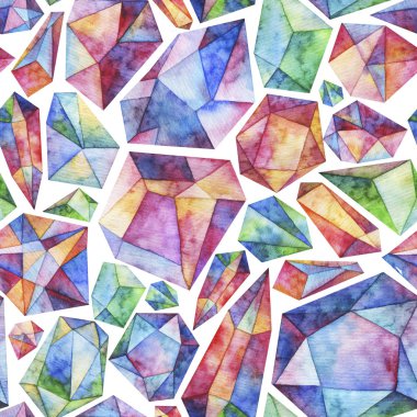 Çok renkli kristaller, değerli taşlar dikişsiz suluboya deseni.