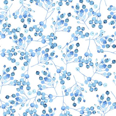 Mavi çiçekler, yaprakları ve çilek ile dalları Dikişsiz suluboya deseni.