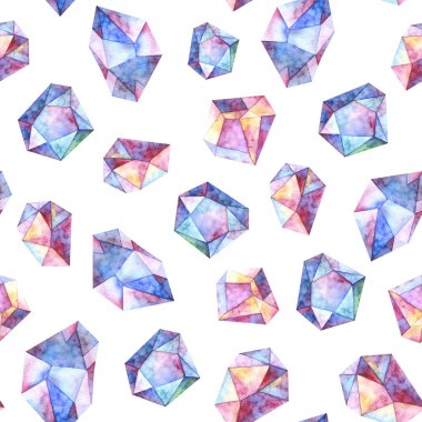 Mavi, mavi ve mor değerli taşların dikişsiz suluboya deseni.