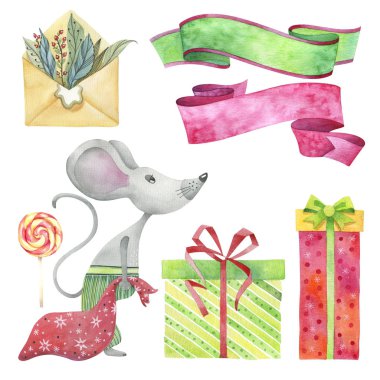 Noel öğeleri seti, sıçan, Noel çorap, poinsettia, lidinets, parçalar ve süslemeleri Çin Yeni Yılı sembolü. Suluboya illüstrasyon. Beyaz arka plan üzerinde yalıtılmış nesneler.