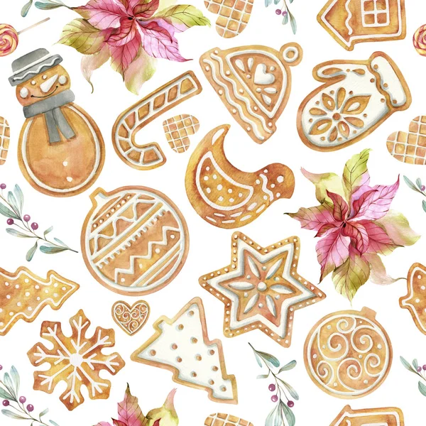 Seamless Watercolor Christmas Pattern Gingerbread Poinsettia White Background — Stock Photo, Image