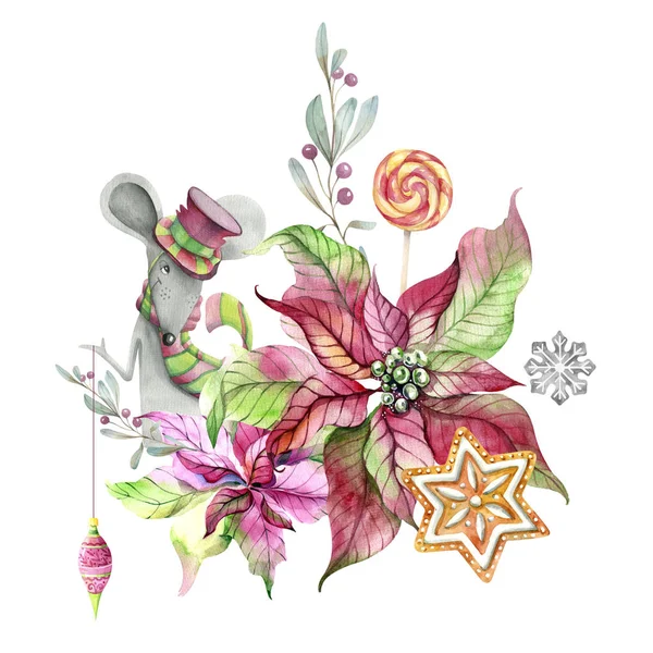 Composição Natal Flores Poinsettia Símbolo Novo 2020 Ano Rato Chapéu — Fotografia de Stock