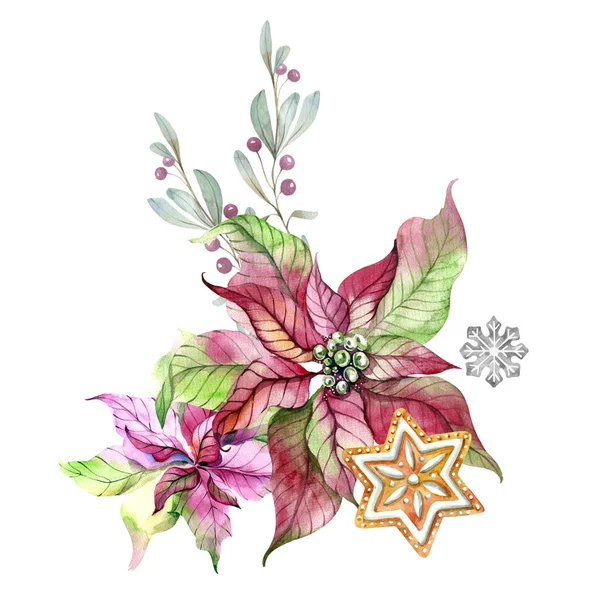 눈송이의 형태로 Poinsettias와 브레드 크리스마스 수채화 일러스트레이션 — 스톡 사진