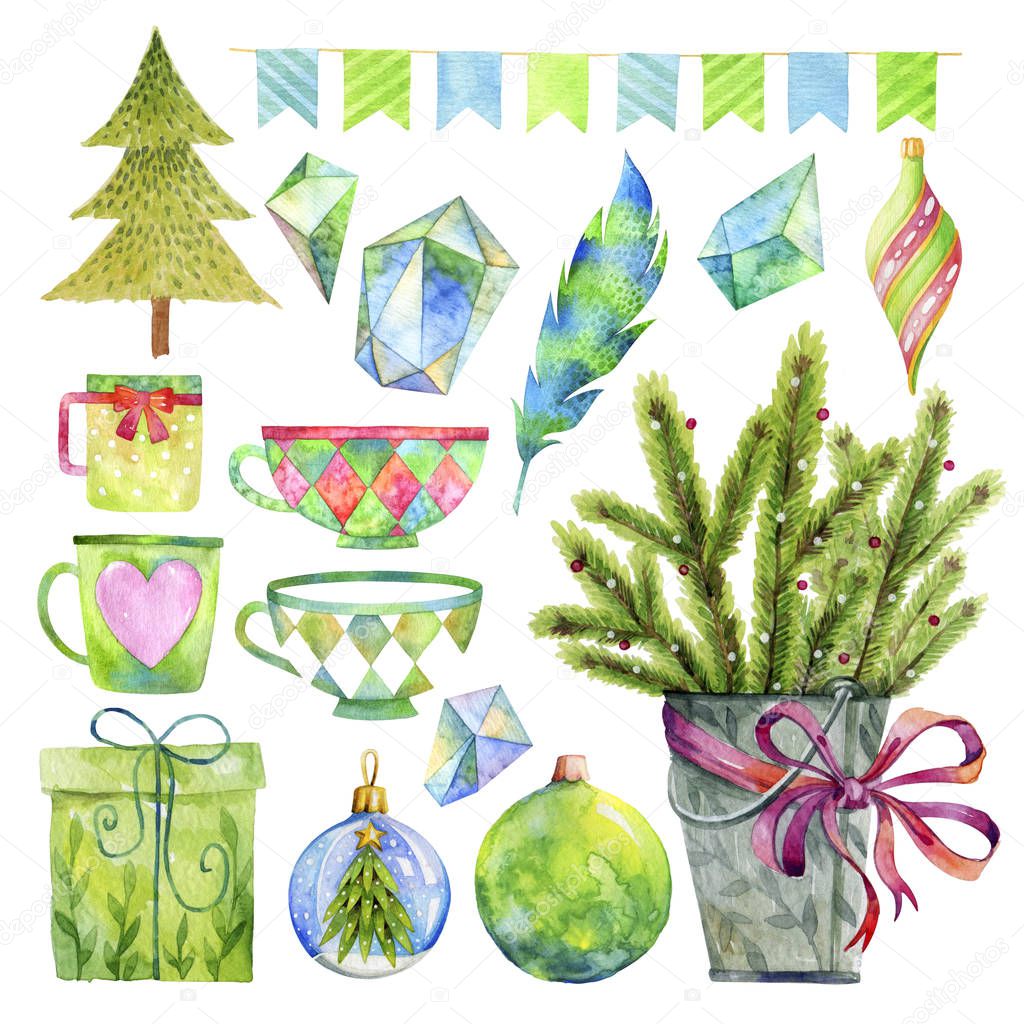 Set of Christmas symbols, fir branches, Christmas balls and decorations, cups with multi-colored rhombuses, green crystals. Watercolor illustration.