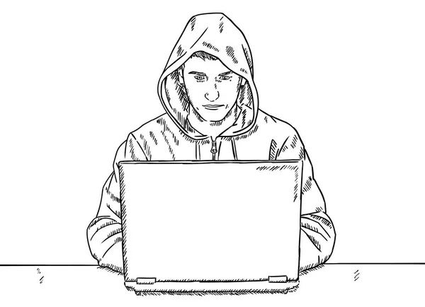 彼の机の前に座っているとハッキング ハッカーのスタイル落書きをスケッチします — ストックベクタ