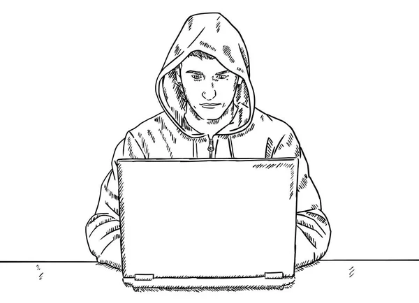 masasının önünde oturan ve Hack Hacker Stil doodle kroki
