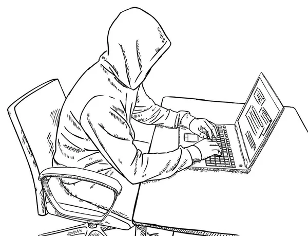 Ескізний Стиль Каракуля Хакера Сидить Перед Своїм Столом Працює Ноутбуці — стоковий вектор