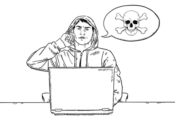 cep telefonu onun laptop önünde konuşurken Hacker Stil doodle kroki