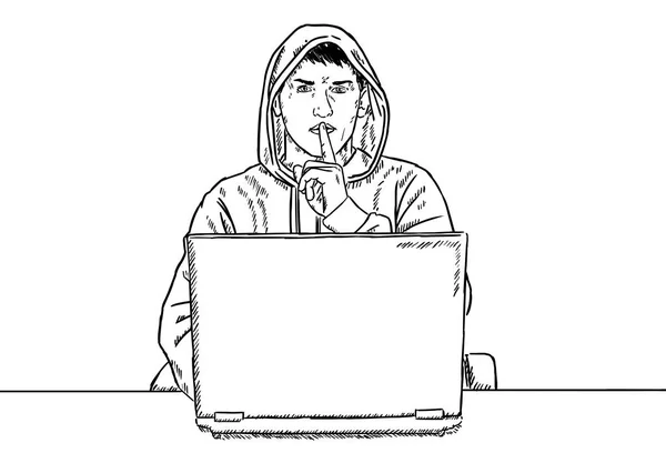 Schets Stijl Doodle Van Hacker Zijn Laptop Zit Zeggen Shush — Stockvector