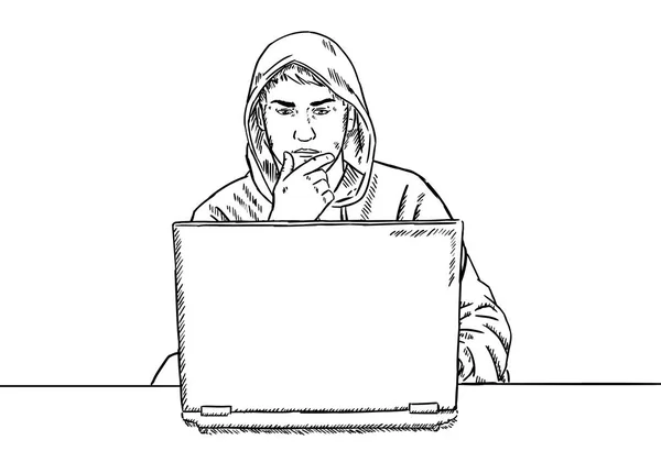 Skizzenhafte Illustration Des Hackerdenkens Vor Seinem Laptop — Stockvektor