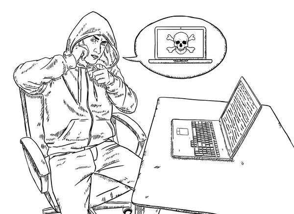 Σκίτσο Στυλ Εικονογράφηση Χάκερ Μιλώντας Στο Κινητό Τηλέφωνο Και Δείχνοντας — Διανυσματικό Αρχείο