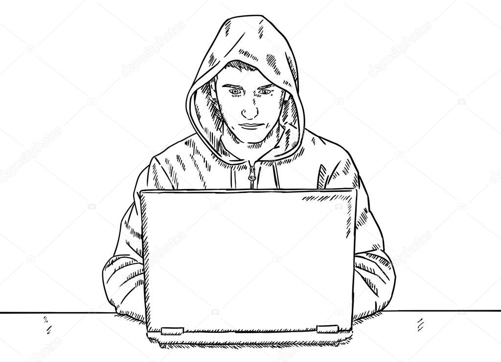 sketch style doodle of hacker sitting in front of his desk and hacking
