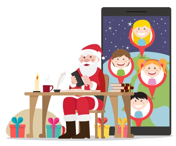 Santa onun yol ile planlama onun sandalyede oturan gülümseyen bütün iyi çocuklar - vektör düz tasarlamak için sunar