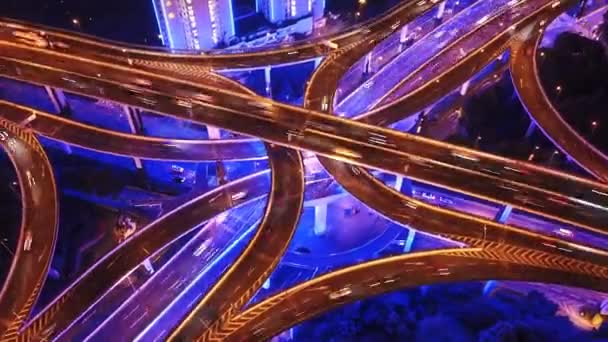 Luchtfoto Hyperlapse Video Van Highway Traffic Nachts Shanghai — Stockvideo