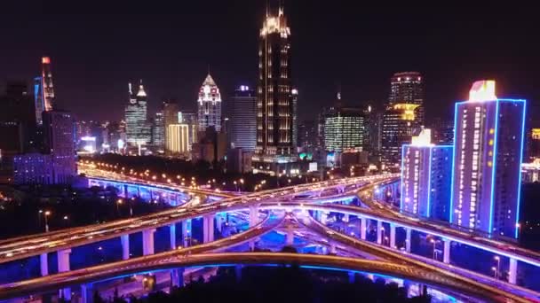Luchtfoto Hyperlapse Video Van Highway Traffic Nachts Shanghai — Stockvideo