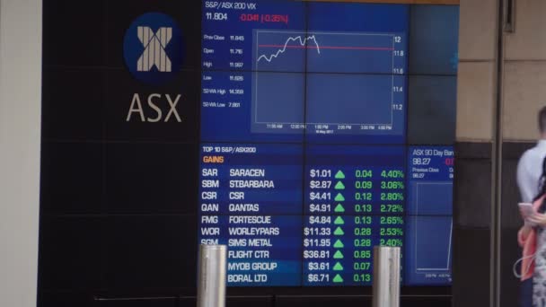澳大利亚 2017年5月16日 视频的人走过去的展示板的悉尼交易所广场 澳大利亚证券交易所是一家经营澳大利亚股票交易所的公司 — 图库视频影像