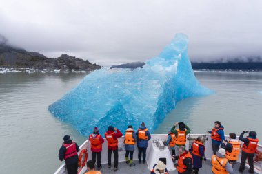 Torres del Paine buzdağı yakın görünümünü elde bir tekne turu turist