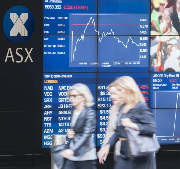 Människor som gick förbi elektroniska displayen styrelsen av Sydney Exchange torget — Stockfoto