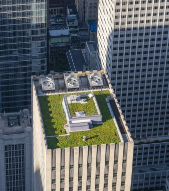 New York, ABD - 22 Mayıs 2018: Yeşil New York'ta bir gökdelenin çatı. Çevresel avantajlar sunmak için tasarlanmış bitki örtüsü ile kaplı bir çatı var.