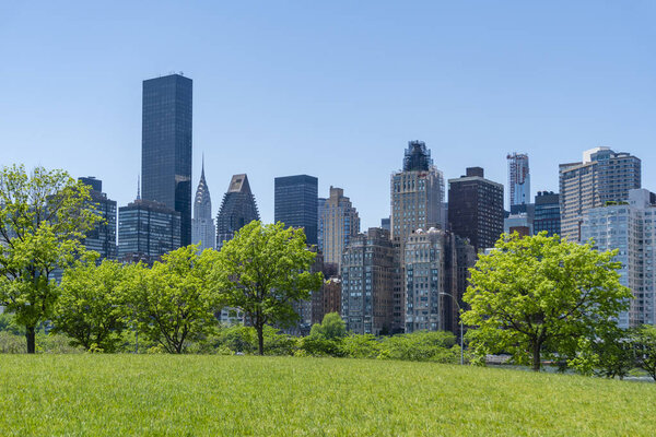 View of park and skyline of Midtown Manhattan in New York City