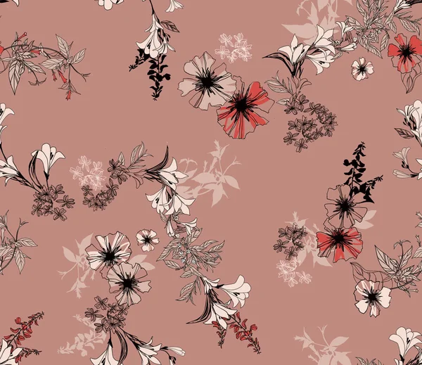 arrangement of flowers drawn by a line and blot against a dusty rose pink color background artwork for tattoo, fabrics, souvenirs, packaging, greeting cards and scrapbooking