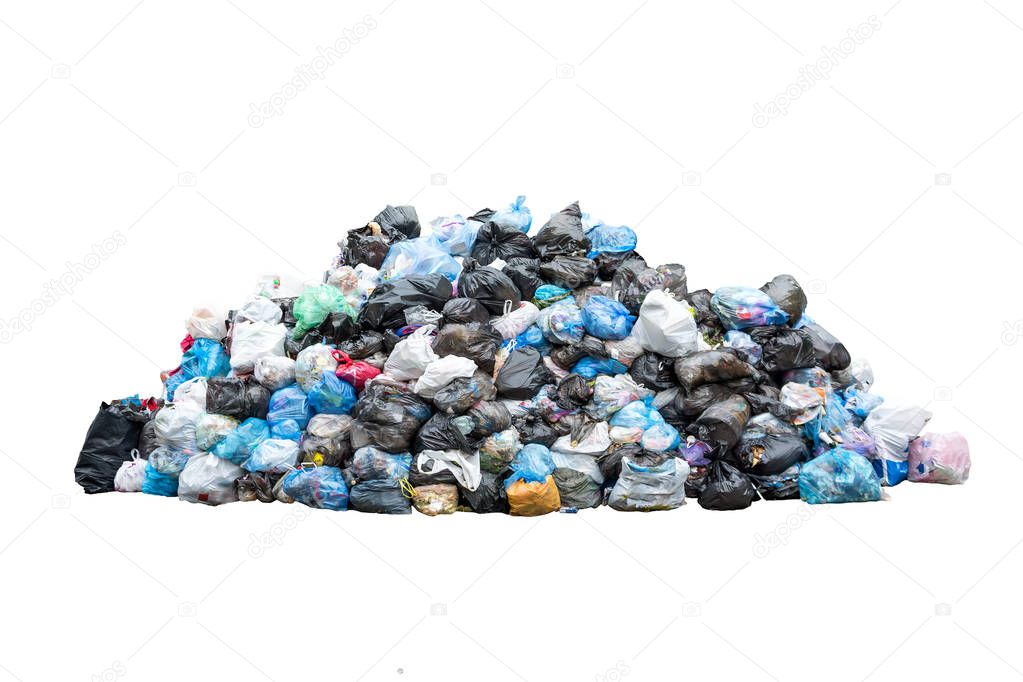 Big pile of garbage in black blue trash bags isolated on white background. Ecology concept. Pollution environment disaster.