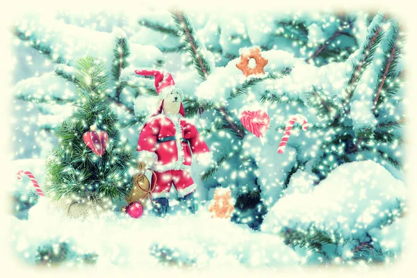 Prachtige Spar Boom Behandeld Sneeuw Bunny Santa Doll Riet Van — Stockfoto