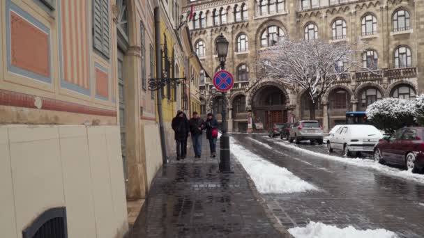 Turystów Ulicach Budapesztu Chodnikach Śniegu — Wideo stockowe