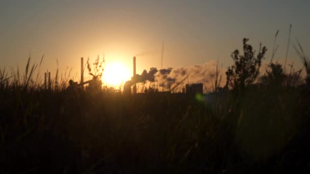 Planta Metalúrgica Sobre Fondo Del Sol Naciente — Vídeo de stock